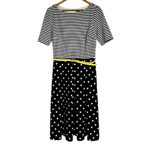 RMLL Dress Women's Size 12 Black White Stripe Polka Dot With Yellow Belt Midi